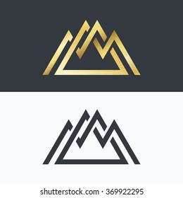 Overlapped line mountains' symbol. Golden and monochromatic vector signs, logotypes. 