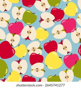 Overlapped Red, Yellow and Green Apple Halves in Clusters on Blue Background. Seamless Pattern Design