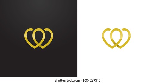 overlapping 2 hearts logo in gold black and white background - luxury line art design