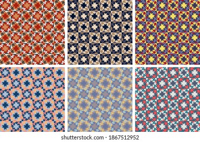 overlapping abstract jagged shapes are grouped and arranged in rows. vector set of six colorful seamless patterns.