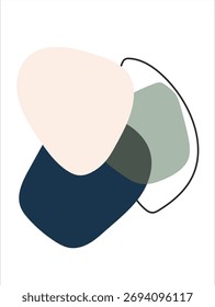 Sobreposição de formas abstratas em bege, verde e azul-marinho com uma fina linha curva preta.