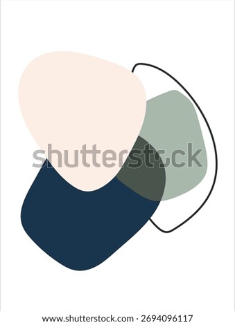 Overlapping abstract shapes in beige, green, and navy outlined with a thin curved black line.