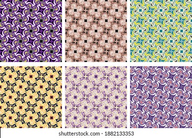 overlapping abstract shapes with smooth and curved edges, segments, polygons, ellipses are grouped and arranged in rows. vector set of six bright colorful seamless patterns. colorful bright ornaments