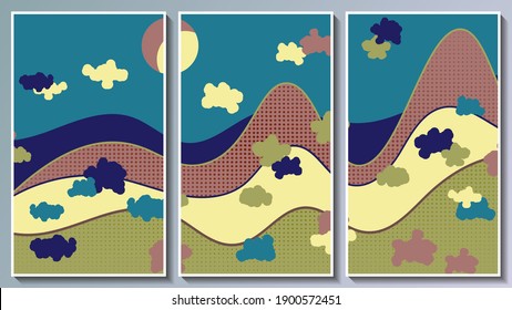 overlapping abstract shapes with wavy edges form a cute colorful cartoon landscape. art mural of three images in white frames. vector