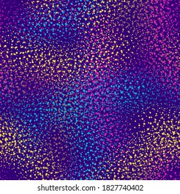 las matrices superpuestas de círculos de diferentes tamaños de color rosa, amarillo y azul se encuentran al azar sobre un fondo morado. un patrón transparente brillante y colorido. vector
