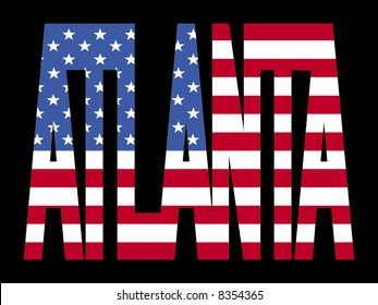 overlapping Atlanta text with American flag illustration