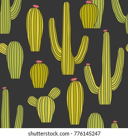Overlapping background with cactuses, hand drawn icons vector. Big collection of cactus, sketch objects. Colorful seamless pattern with plants. Decorative wallpaper, good for printing. Succulents