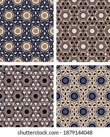overlapping beige, black, gray, brown circles, polygons, segments and stripes are grouped, arranged in a specific order, and form a beautiful Arabic ornament. vector set of four seamless patterns.