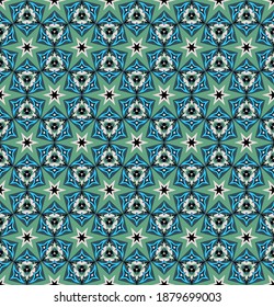 overlapping beige, black, turquoise, blue polygons, shapes with smooth edges, circles, triangles are grouped and arranged in rows on a green background. beautiful oriental ornament. seamless pattern. 