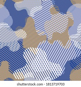 formas abstractas de rayas blancas, azules, grises y beige superpuestas con bordes ondulados se organizan al azar sobre un fondo claro. patrón impecable. vector
