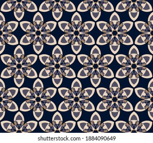 los polígonos beige, gris, marrón, rayas, segmentos, formas de arte se agrupan y se organizan en filas sobre un fondo negro. patrón abstracto floral sin costuras. vector