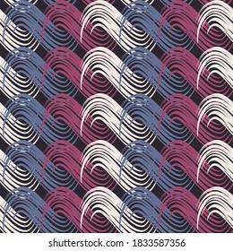 overlapping beige, gray-blue, dark pink abstract brush strokes lined up in rows on a black background. beautiful abstract seamless pattern. vector

