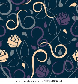 overlapping beige and purple abstract roses with azure stems and leaves, hand drawn twisted stripes and splashes randomly arranged on a dark blue background. dark floral seamless pattern. vector