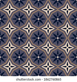 overlapping black, beige, blue-gray segments, circles, polygons, rounded shapes are grouped and lined up against a brown background. elegant oriental seamless pattern. vector