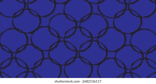 Círculos negros superpuestos con bordes texturizados sobre fondo azul