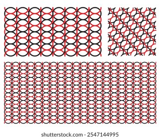 Sobreposição de padrões circulares pretos e vermelhos com linhas de cruzamento diagonais, criando uma sensação rítmica e dinâmica. Perfeito para designs gráficos modernos ou texturas de fundo.