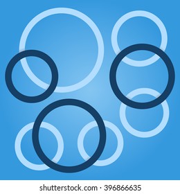 The overlapping blue circle frame on light blue background. A simple bright geometric vector illustration with effect of perspective and shadows. Eight rings different size.