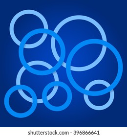 The overlapping blue circle frame on dark blue background. A simple bright geometric vector illustration with effect of perspective and shadows. Eight rings different size.