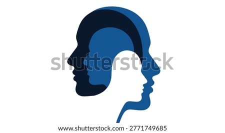 Overlapping blue silhouettes create layered profiles, suggesting multiple perspectives and the complexities of the human psyche.