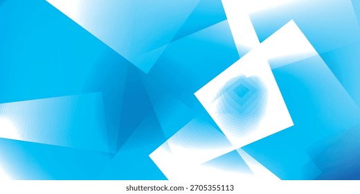 Overlapping blue and white geometric shapes create a dynamic abstract composition with smooth color gradients and sharp angles.