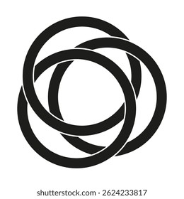 Overlapping circle rings. Monochrome round symbol. Interlinked geometric form. Vector black emblem.