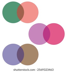 Overlapping circle shapes. Pink, green, purple, blue. Venn diagram style. Vector illustration.