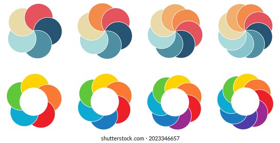 Overlapping circles arranged on larger round object, forming flower like shape version with five to eight parts. Can be used as infographics element