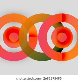 Overlapping circles create vibrant color gradients. Orange, red, white, green hues blend seamlessly. Abstract design evokes modern aesthetic.