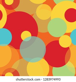 Overlapping circles in fun, summer colors. Seamless repeat pattern for birthdays , kids party decor, textiles, cards and scrapbooking. Perfect for summer events, graphic design projects. Vector.