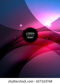 Overlapping circles on glowing abstract background with shining light effects, magic style design template