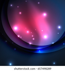 Overlapping circles on glowing abstract background with shining light effects, magic style design template
