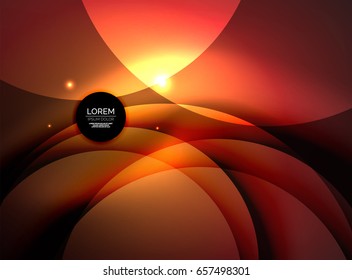 Overlapping circles on glowing abstract background with shining light effects, magic style design template