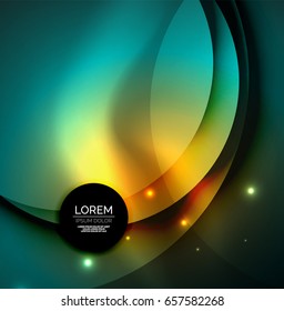 Overlapping circles on glowing abstract background with shining light effects, magic style design template