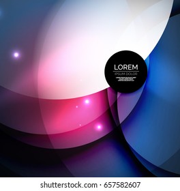 Overlapping circles on glowing abstract background with shining light effects, magic style design template