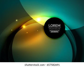 Overlapping circles on glowing abstract background with shining light effects, magic style design template
