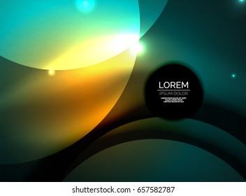 Overlapping circles on glowing abstract background with shining light effects, magic style design template