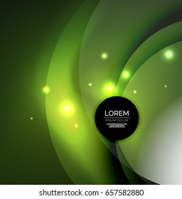 Overlapping circles on glowing abstract background with shining light effects, green magic style design template