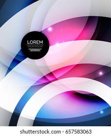 Overlapping circles on glowing abstract background with shining light effects, magic style design template