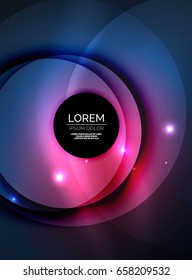 Overlapping circles on glowing abstract background with shining light effects, magic style design template