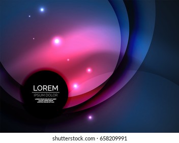 Overlapping circles on glowing abstract background with shining light effects, magic style design template