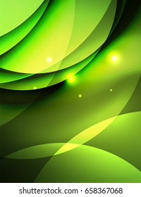 Overlapping circles on glowing abstract background with shining light effects, green magic style design template