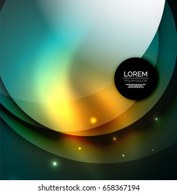 Overlapping circles on glowing abstract background with shining light effects, magic style design template