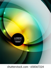 Overlapping circles on glowing abstract background with shining light effects, magic style design template