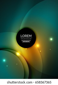 Overlapping circles on glowing abstract background with shining light effects, magic style design template