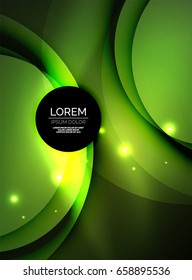 Overlapping circles on glowing abstract background with shining light effects, green magic style design template