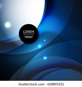 Overlapping circles on glowing abstract background with shining light effects, blue magic style design template