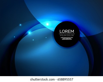 Overlapping circles on glowing abstract background with shining light effects, blue magic style design template