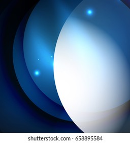 Overlapping circles on glowing abstract background with shining light effects, blue magic style design template