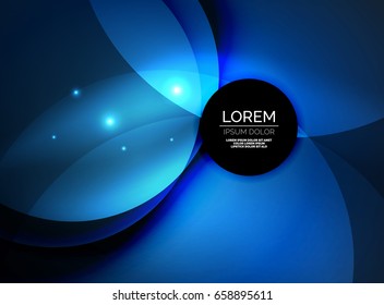 Overlapping circles on glowing abstract background with shining light effects, blue magic style design template