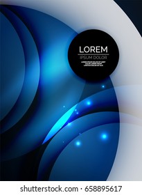 Overlapping circles on glowing abstract background with shining light effects, blue magic style design template